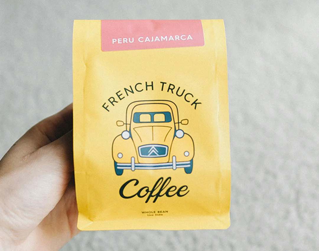 yellow bag of coffee called the frennch truck windsor blend